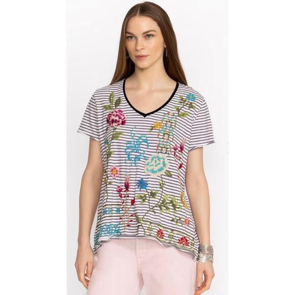 Johnny Was Sheri Everyday Stripe V-Neck Tee T-Shirt Black White Stretchy XS - Picture 2 of 10